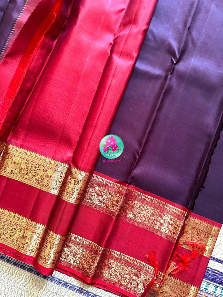 Earth & Fire: Dark Brown Kanchipattu Saree with Crimson Gap Border