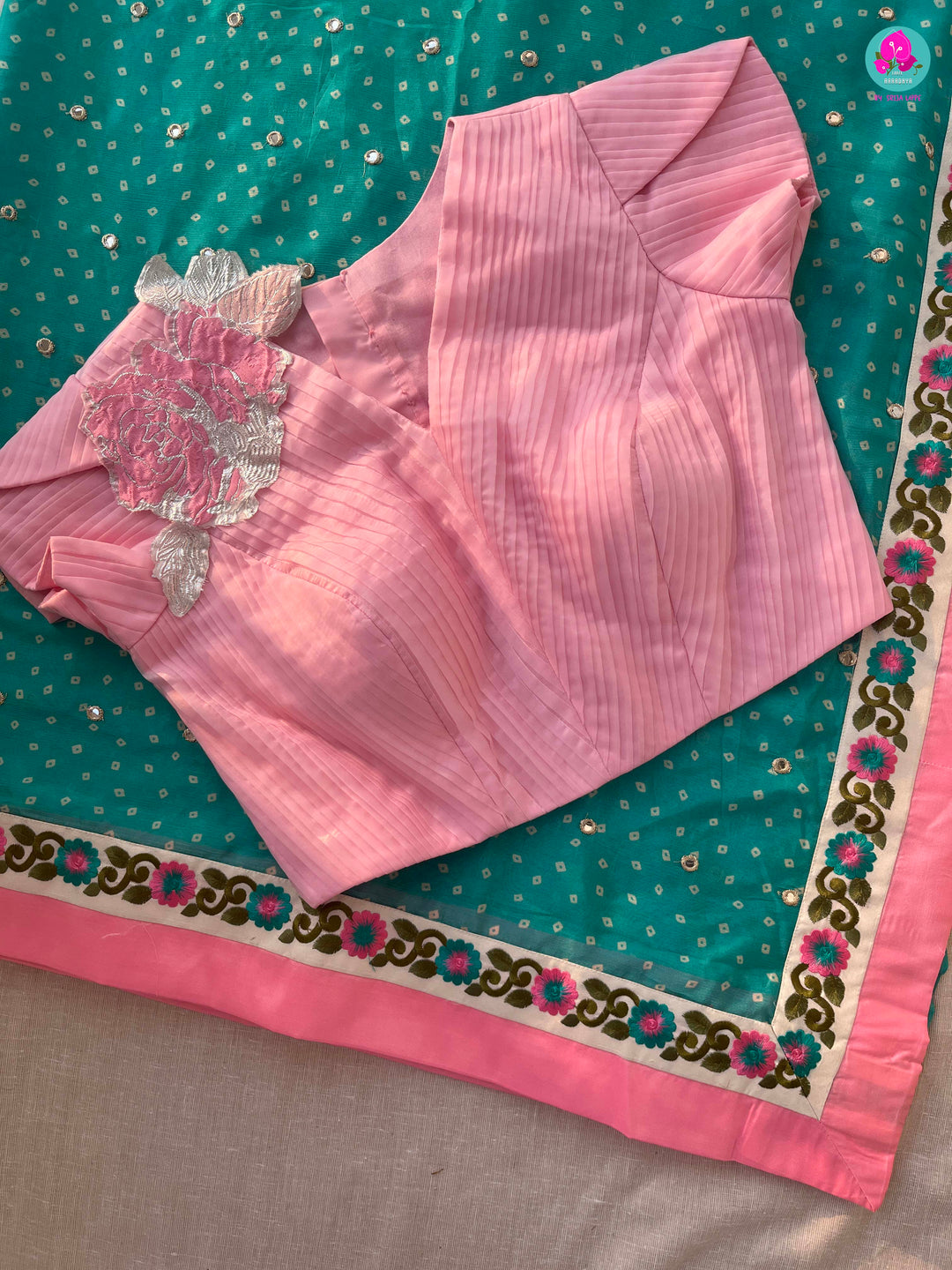 Mirror worked chiffon saree with floral embroidered border & Blouse