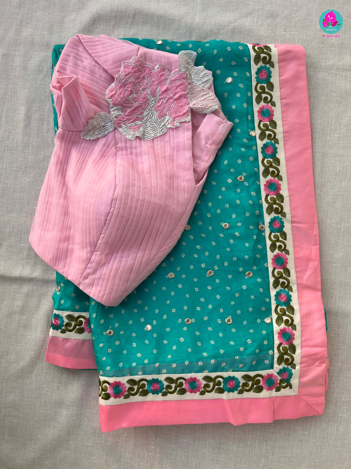 Mirror worked chiffon saree with floral embroidered border & Blouse