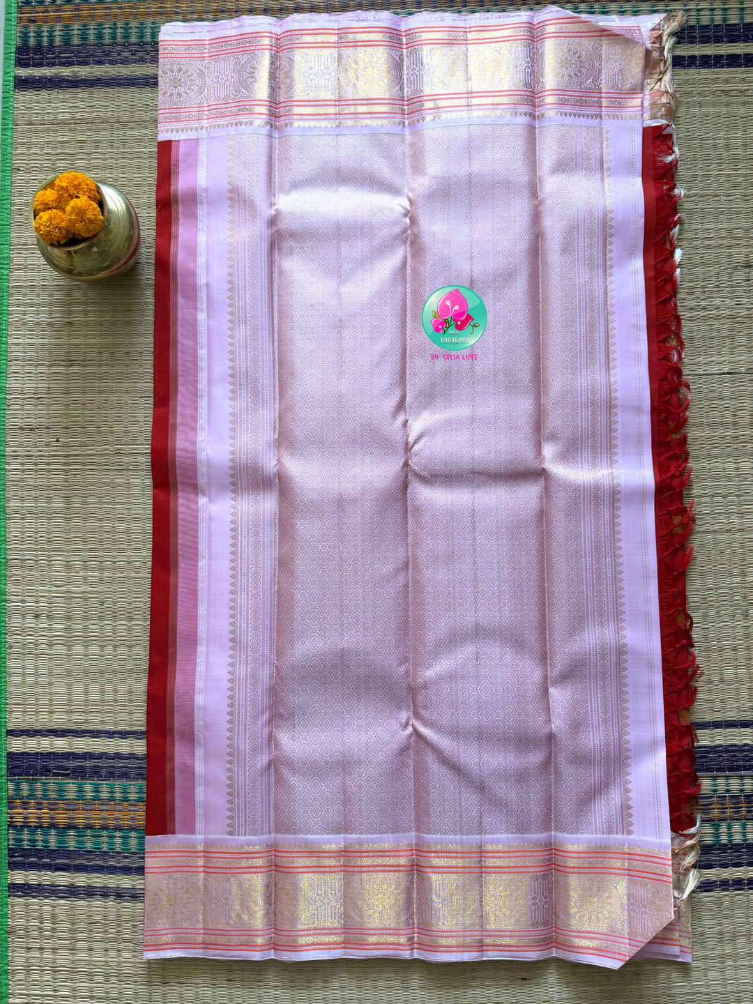 Crimson Rose: Pure Red 2g Kanchipattu Saree with Baby Pink Heritage Border