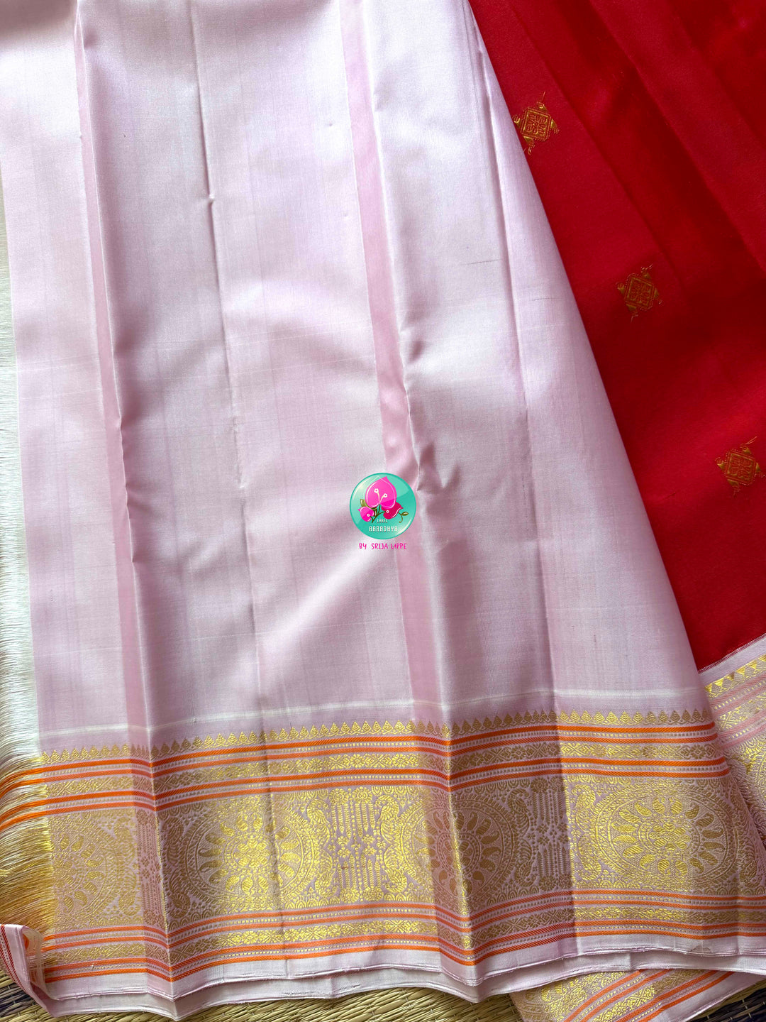 Crimson Rose: Pure Red 2g Kanchipattu Saree with Baby Pink Heritage Border