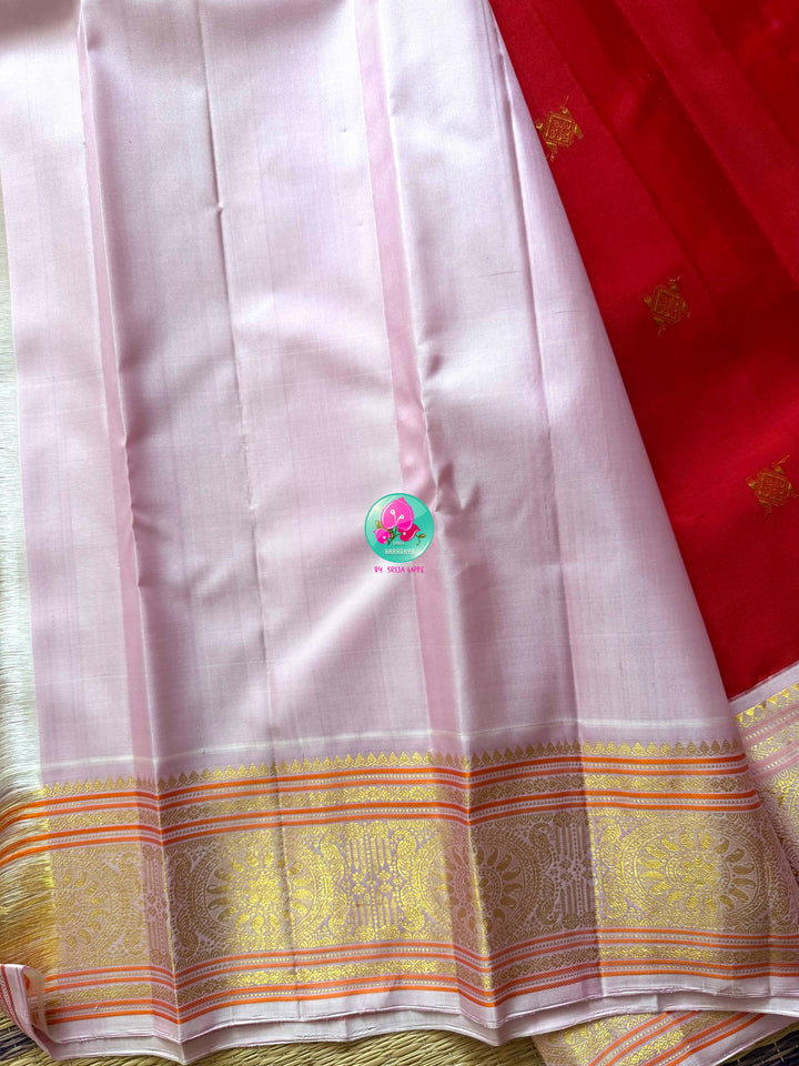 Crimson Rose: Pure Red 2g Kanchipattu Saree with Baby Pink Heritage Border