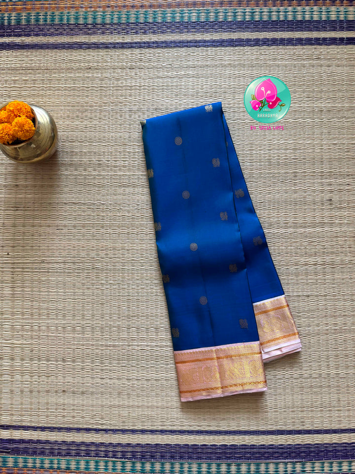 The Midnight Bloom: Dark Royal Blue Kanchipattu Saree with Petal Pink Border