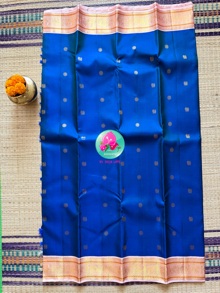 The Midnight Bloom: Dark Royal Blue Kanchipattu Saree with Petal Pink Border