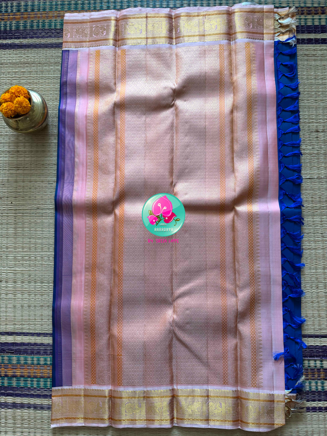 The Midnight Bloom: Dark Royal Blue Kanchipattu Saree with Petal Pink Border
