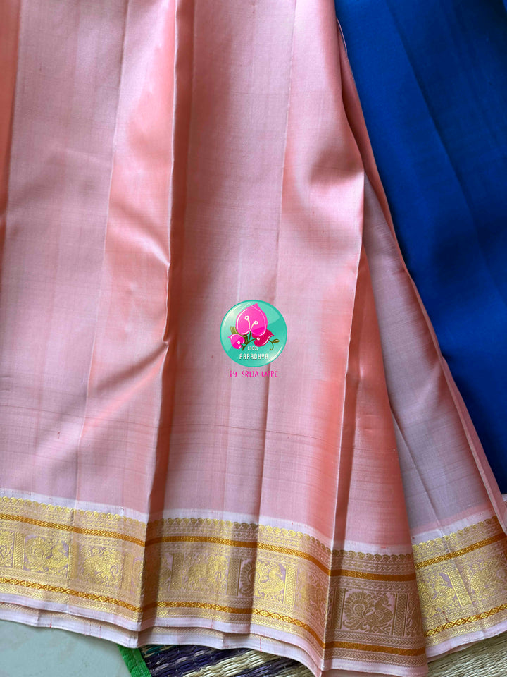 The Midnight Bloom: Dark Royal Blue Kanchipattu Saree with Petal Pink Border
