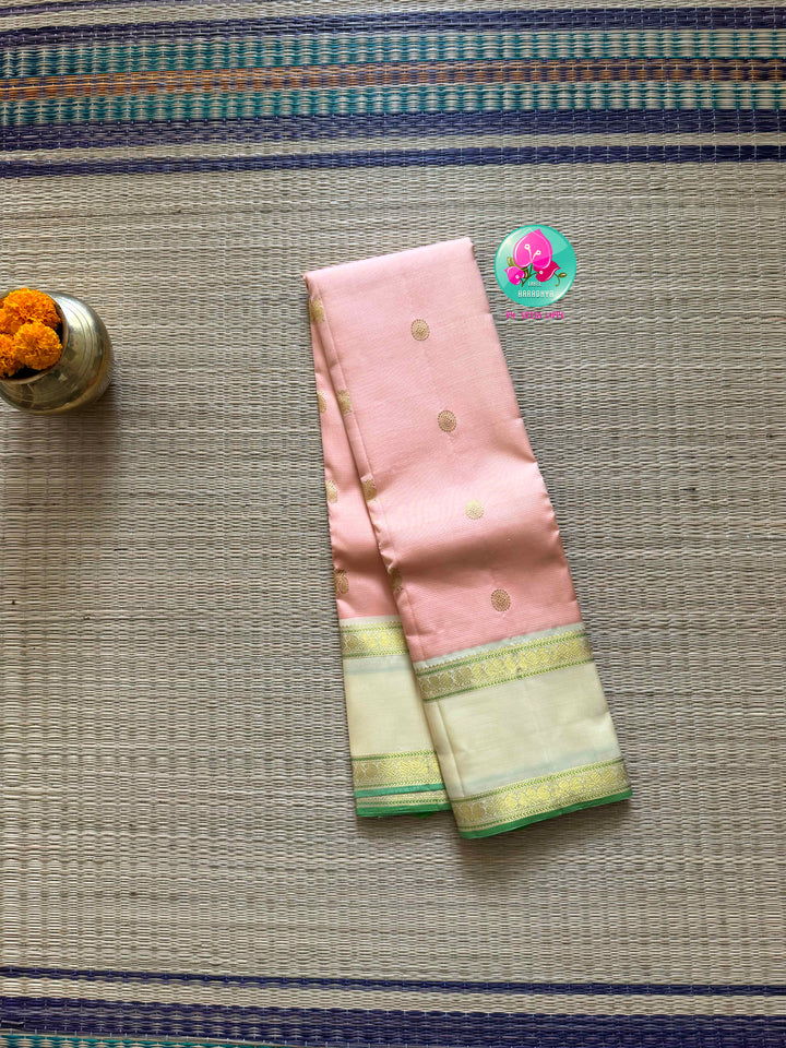 Peach Nectar: Pure 2g Kanchipattu Saree with Off-White Gap Border