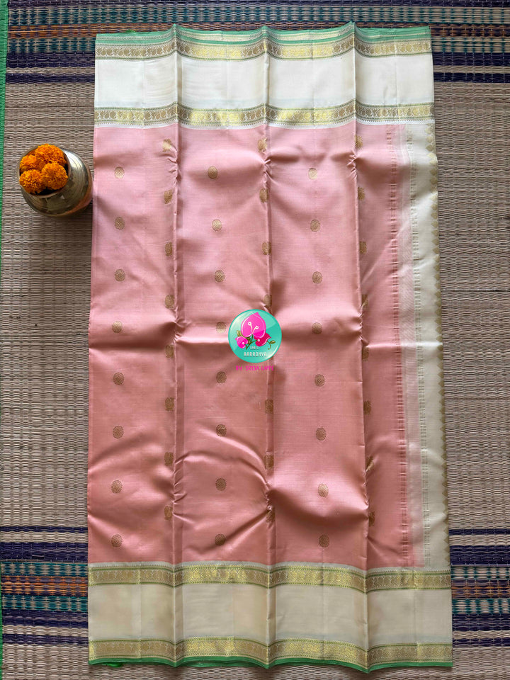 Peach Nectar: Pure 2g Kanchipattu Saree with Off-White Gap Border