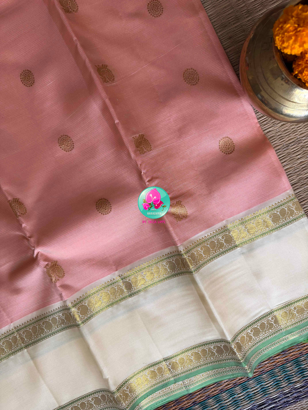 Peach Nectar: Pure 2g Kanchipattu Saree with Off-White Gap Border