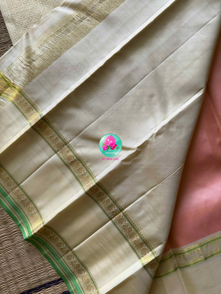 Peach Nectar: Pure 2g Kanchipattu Saree with Off-White Gap Border