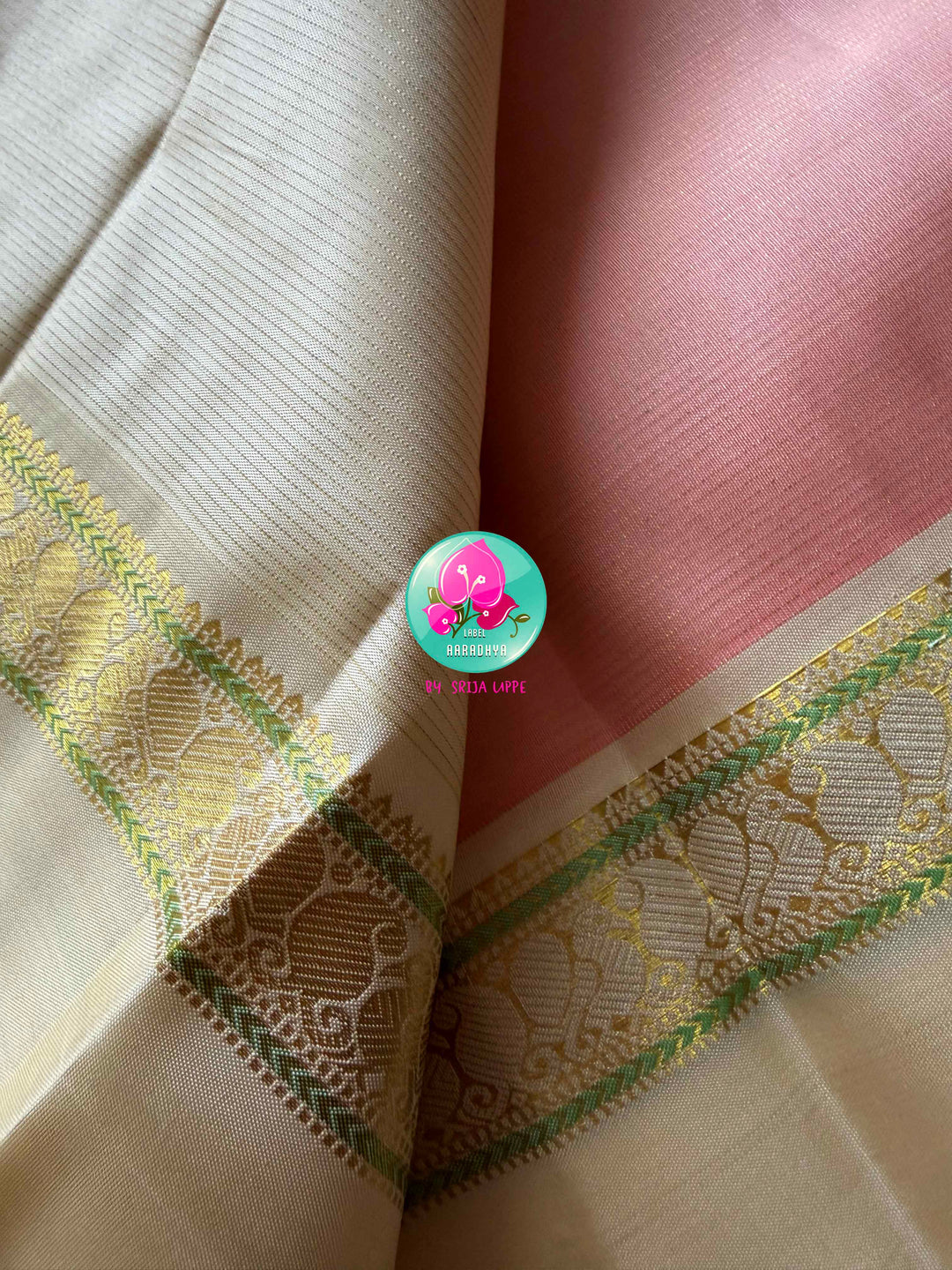 Peach Nectar: Pure 2g Kanchipattu Saree with Off-White Gap Border
