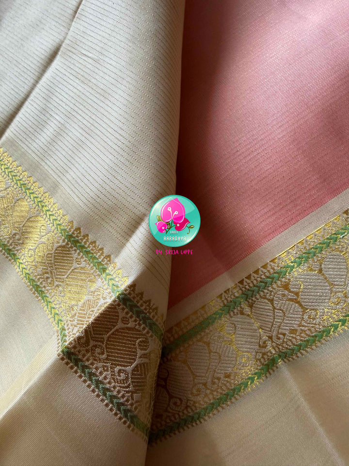 Peach Nectar: Pure 2g Kanchipattu Saree with Off-White Gap Border