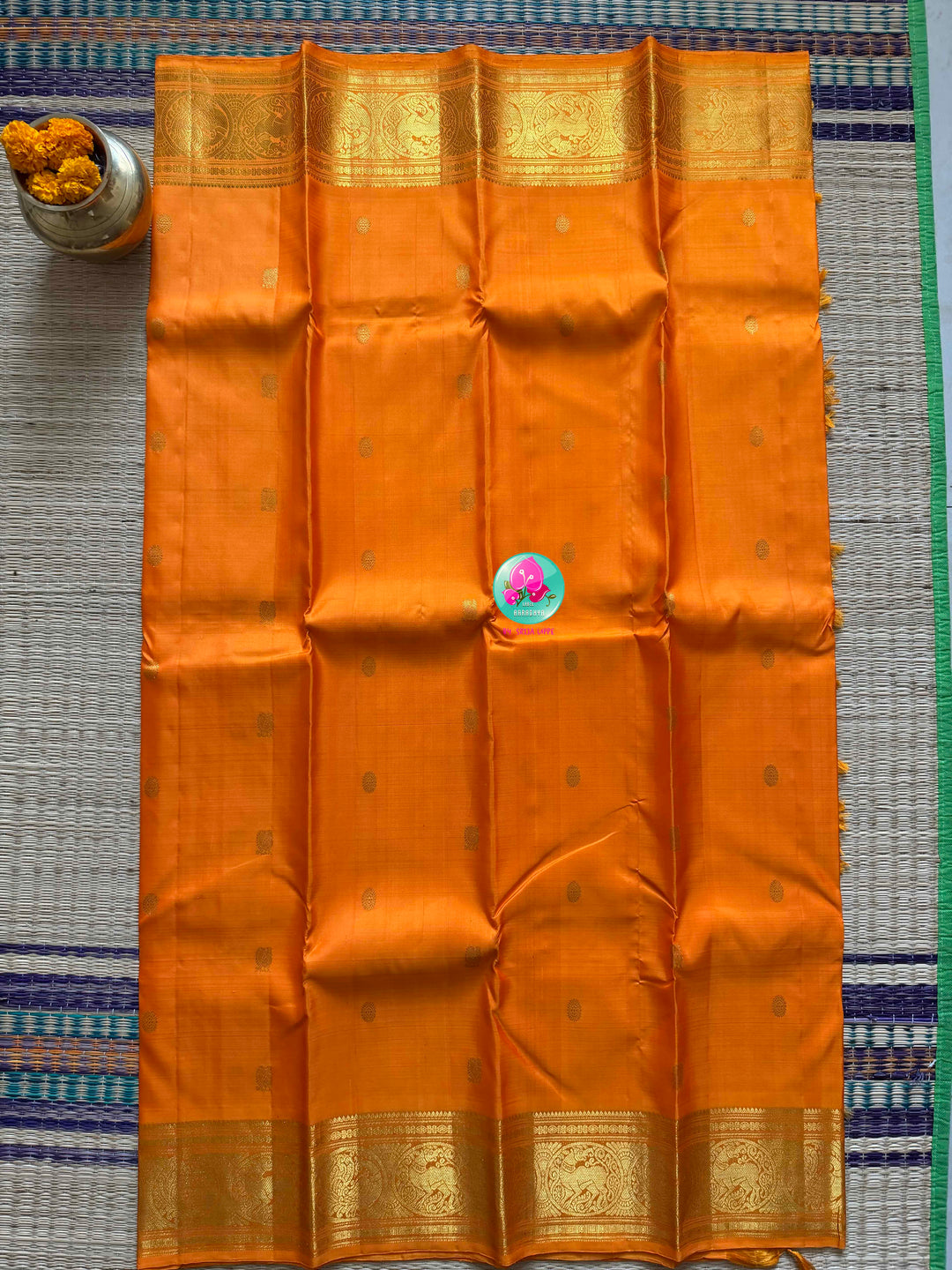 Saffron Radiance: Pure Orange 2g Kanchipattu Saree with Traditional Grandeur