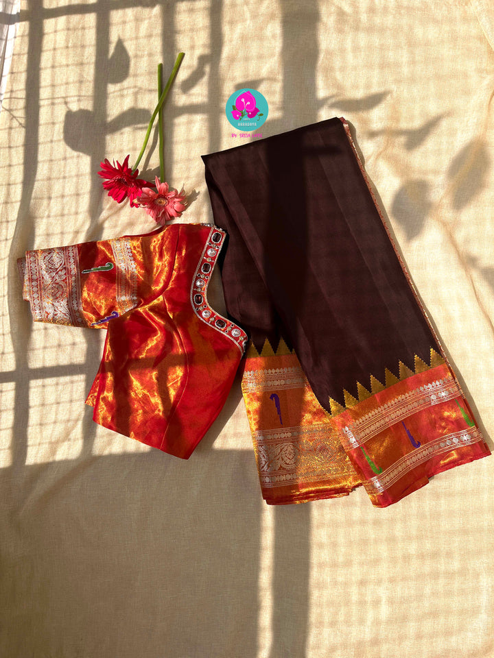 Cocoa Elegance: Deep Brown Tissue Gadwal Saree with Shimmering Orange Muniya Border
