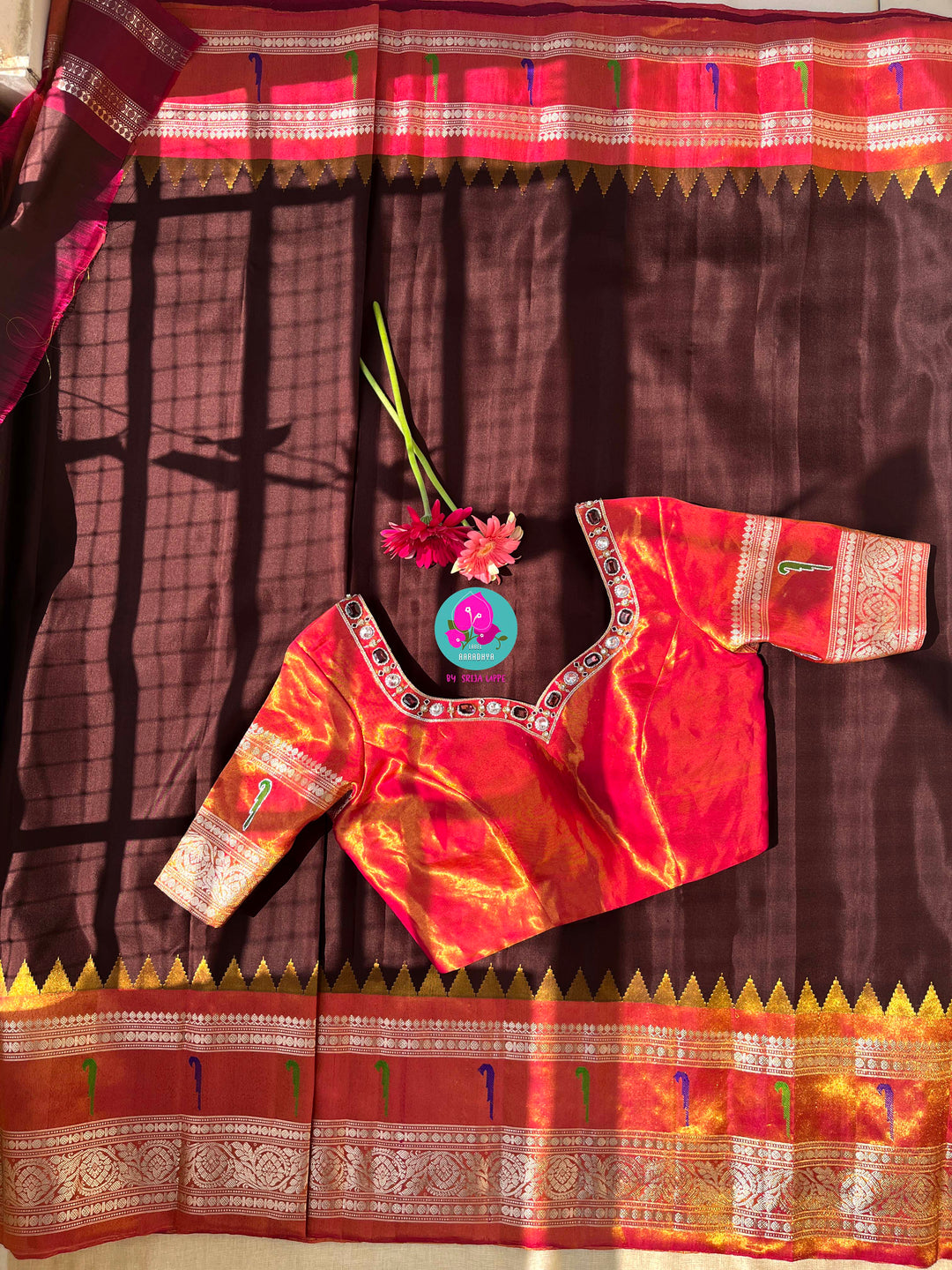 Cocoa Elegance: Deep Brown Tissue Gadwal Saree with Shimmering Orange Muniya Border