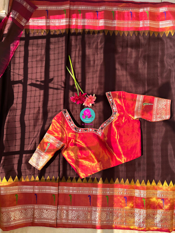 Cocoa Elegance: Deep Brown Tissue Gadwal Saree with Shimmering Orange Muniya Border