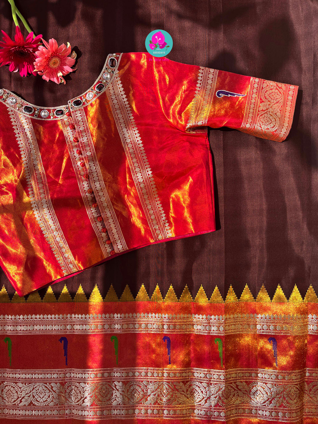 Cocoa Elegance: Deep Brown Tissue Gadwal Saree with Shimmering Orange Muniya Border