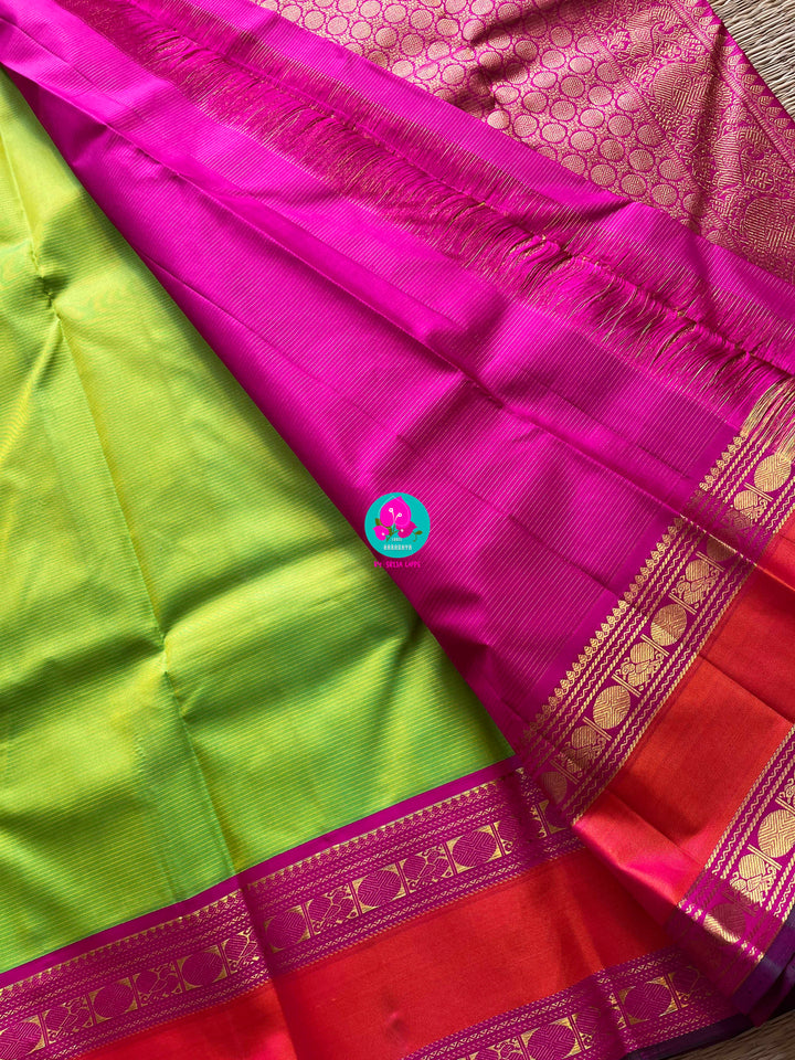 2g zari traditional border vaira oosi and checks in lovely green and pink