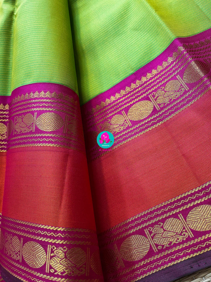 2g zari traditional border vaira oosi and checks in lovely green and pink