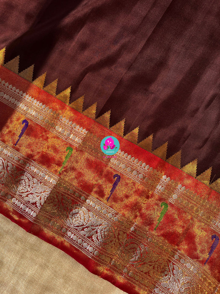 Cocoa Elegance: Deep Brown Tissue Gadwal Saree with Shimmering Orange Muniya Border