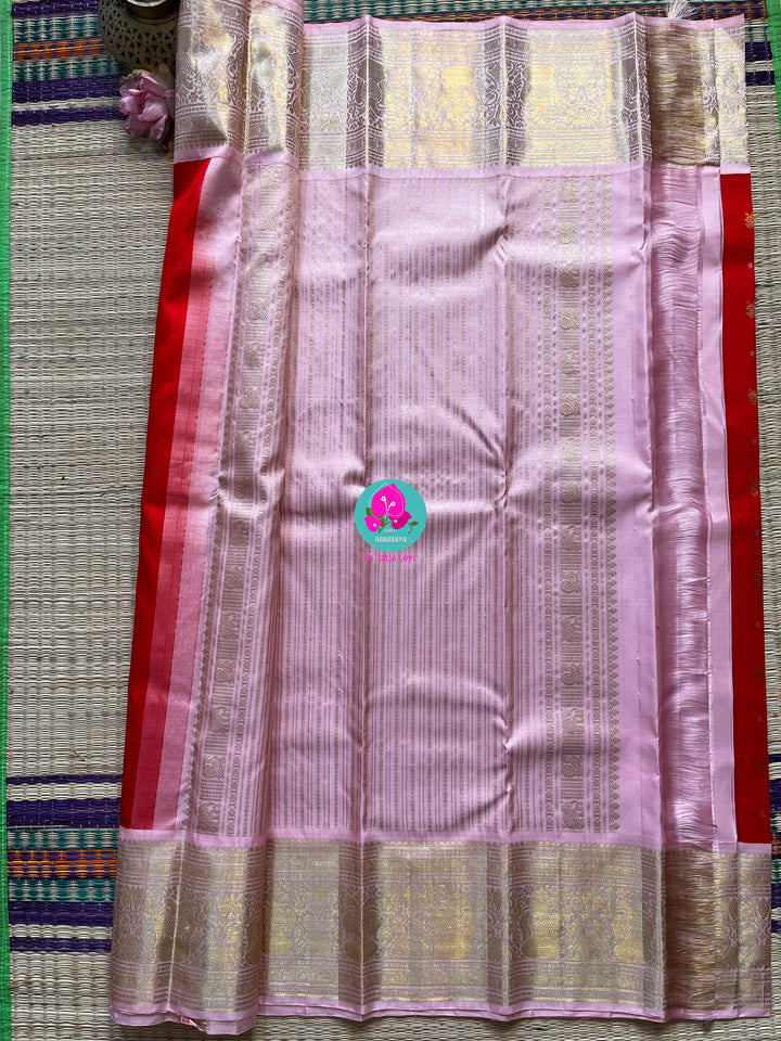 Red and baby pink saree with traditional motif from Kanchipuram