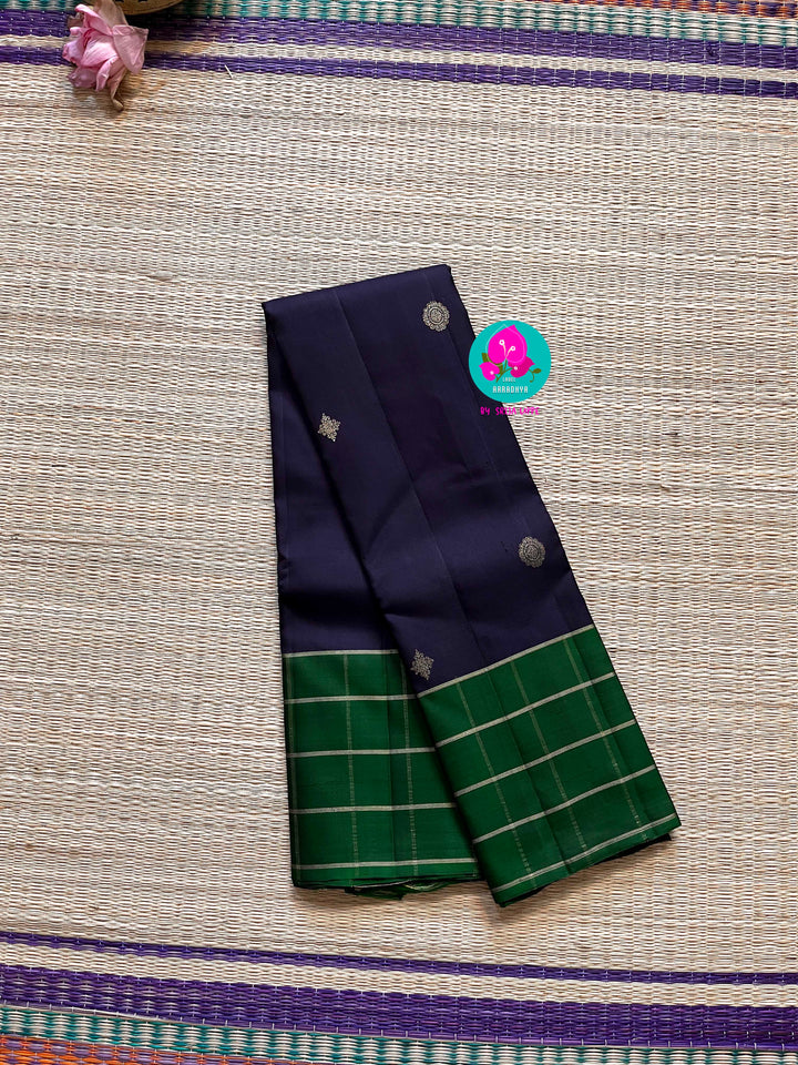 Dark blue saree with vintage checks in green is one of a kind