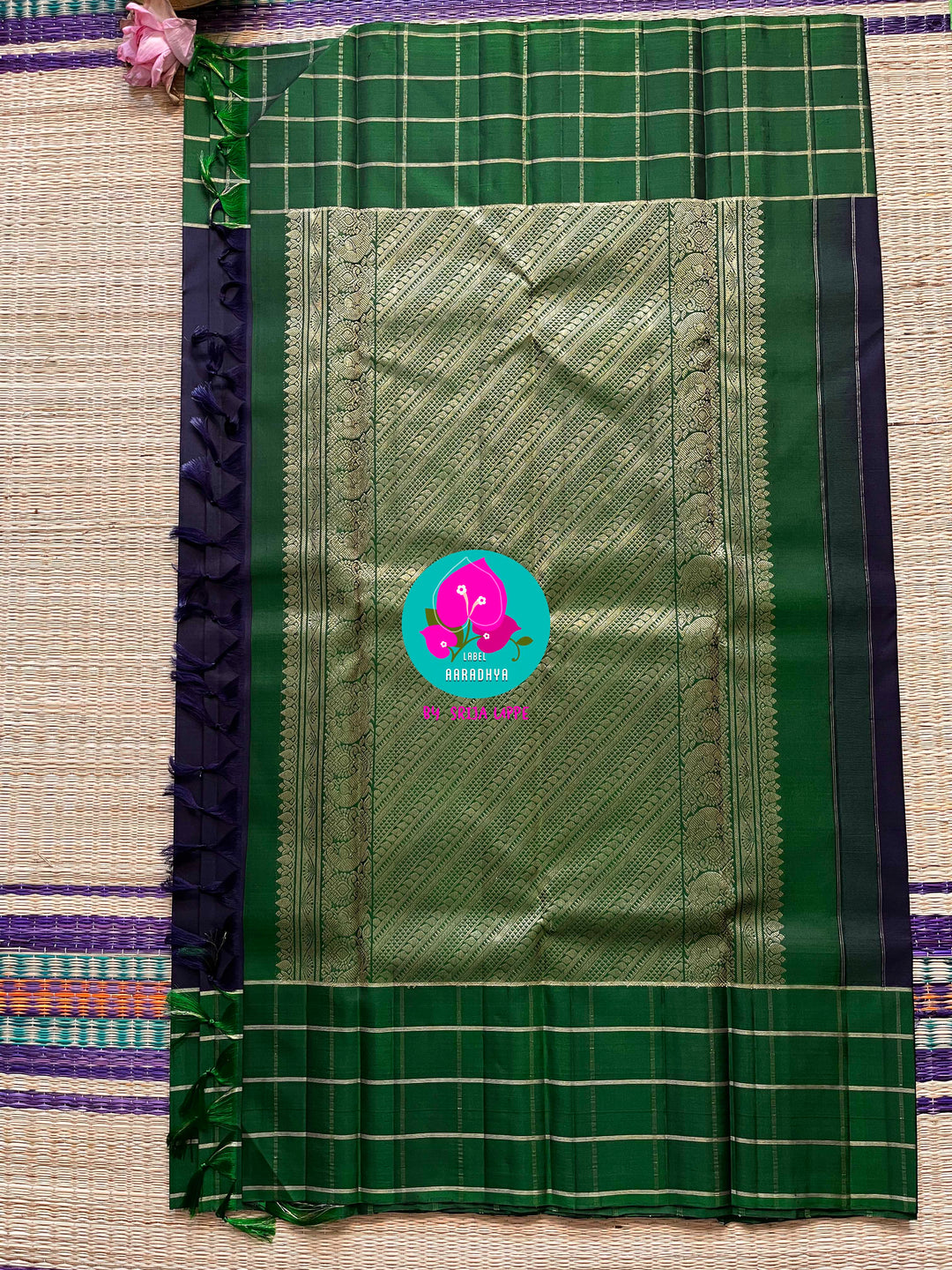 Dark blue saree with vintage checks in green is one of a kind