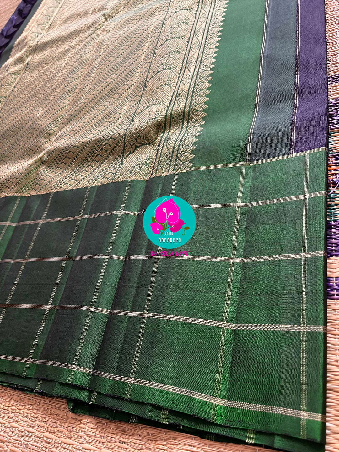 Dark blue saree with vintage checks in green is one of a kind