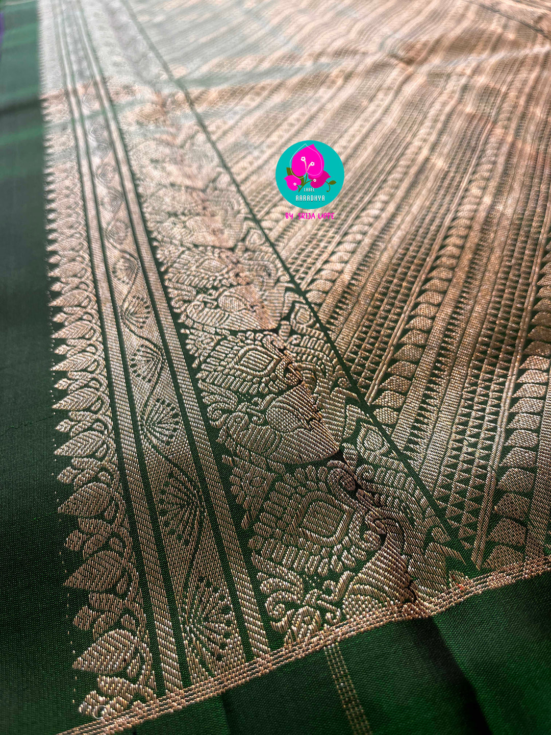 Dark blue saree with vintage checks in green is one of a kind