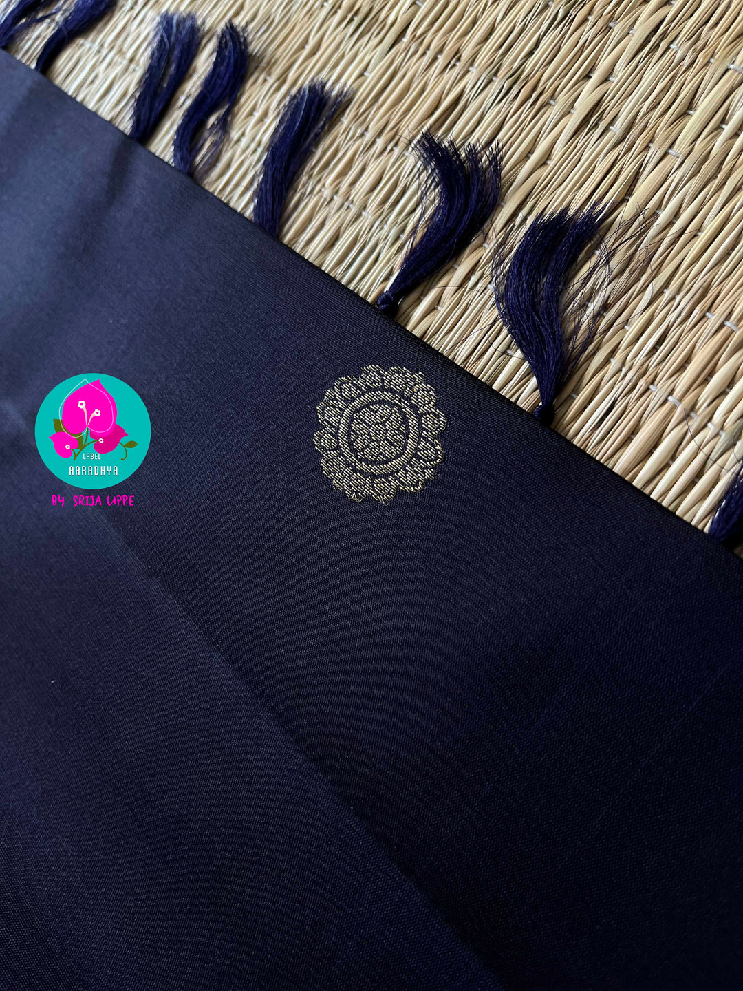 Dark blue saree with vintage checks in green is one of a kind