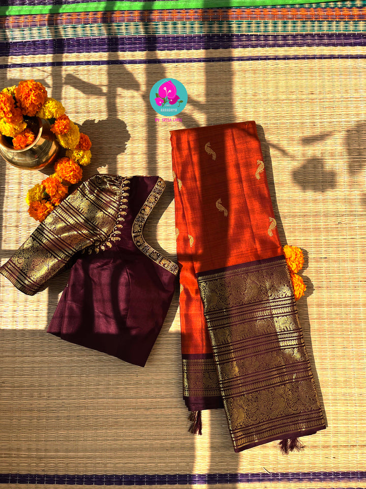 The Golden Flight: Rustic Orange & Chocolate Brown Kanchipattu Saree