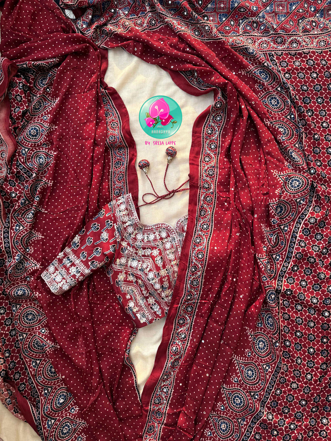 Crimson Geometry & Desert Shimmer: Pure Modal Silk Ajrakh Saree with Hand-Worked Artistry