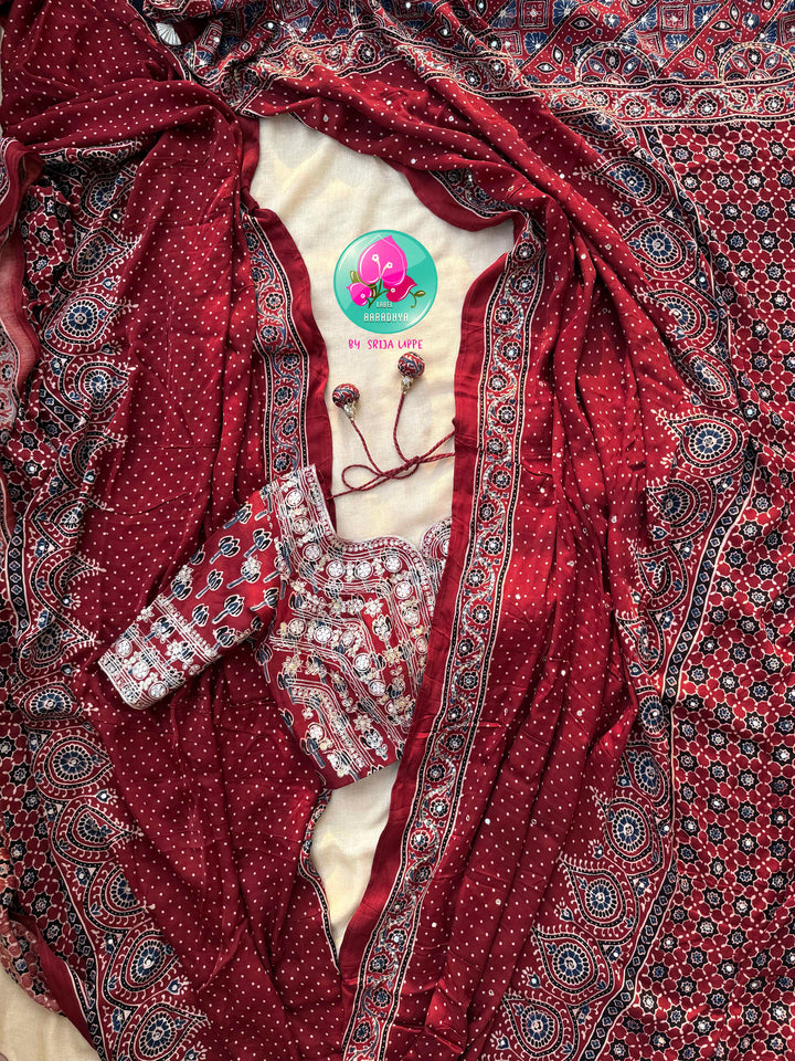 Crimson Geometry & Desert Shimmer: Pure Modal Silk Ajrakh Saree with Hand-Worked Artistry