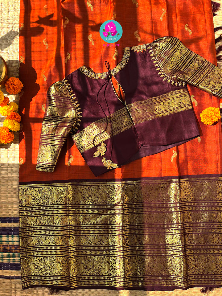 The Golden Flight: Rustic Orange & Chocolate Brown Kanchipattu Saree