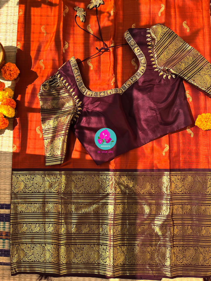 The Golden Flight: Rustic Orange & Chocolate Brown Kanchipattu Saree