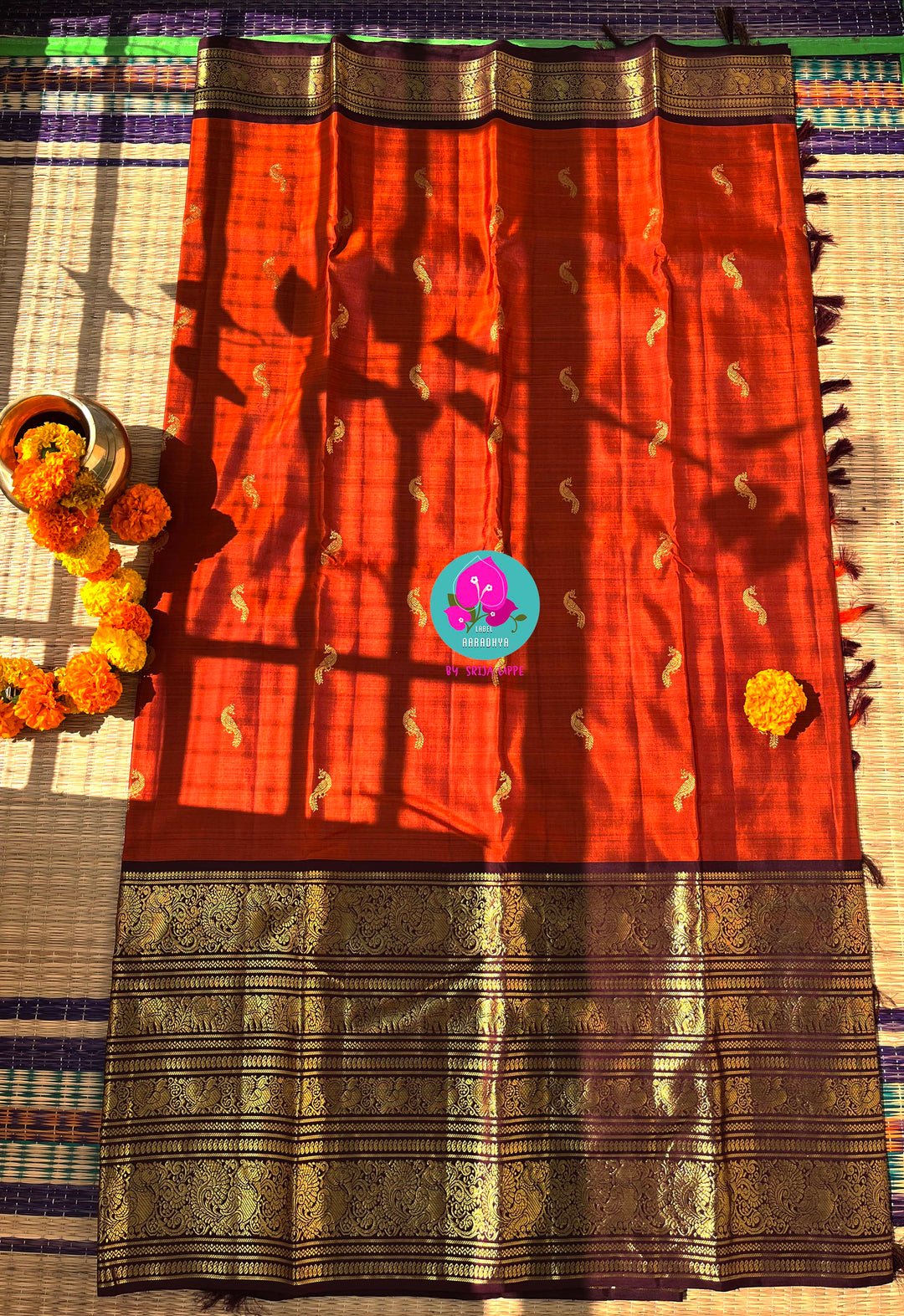 The Golden Flight: Rustic Orange & Chocolate Brown Kanchipattu Saree
