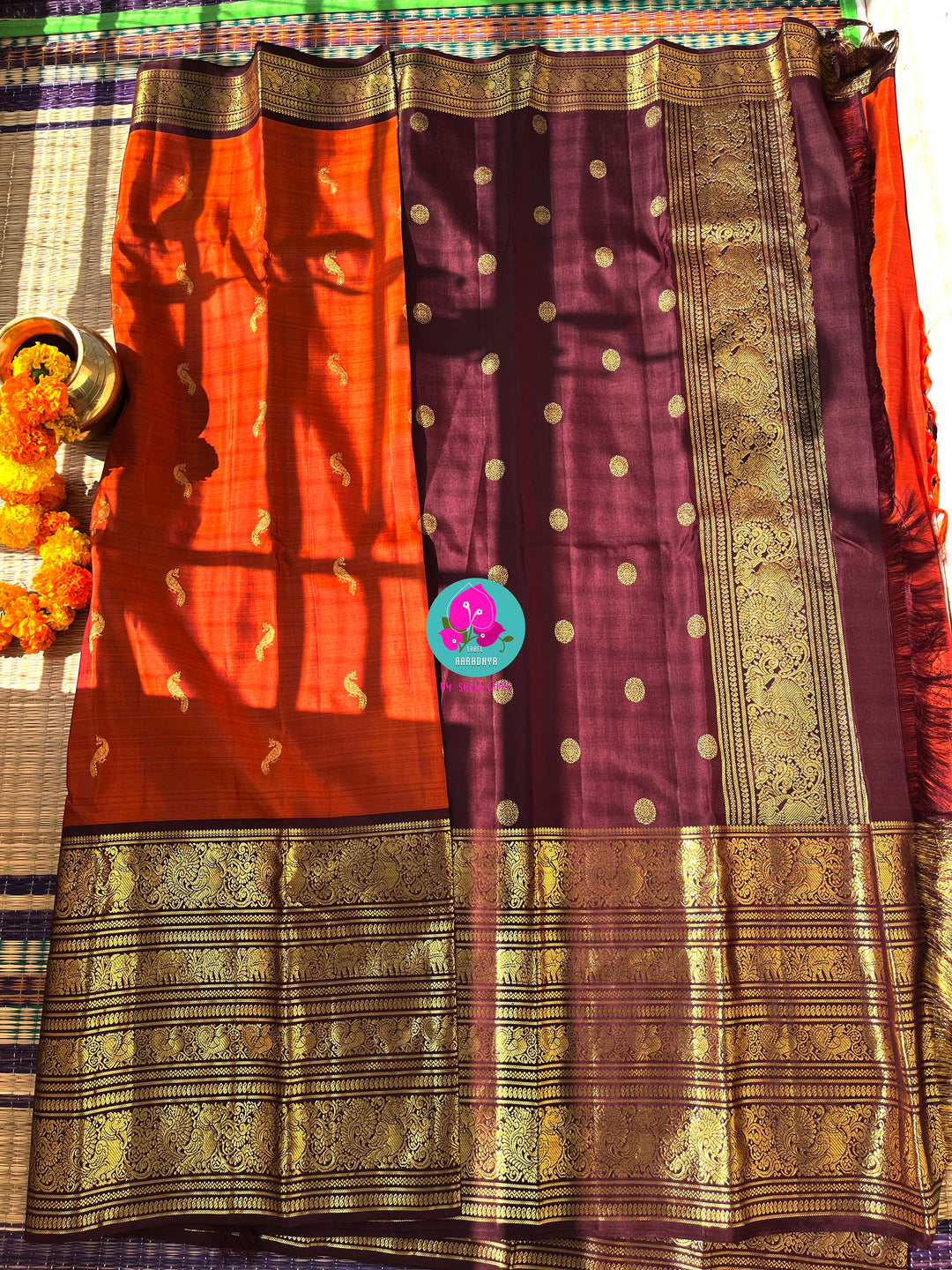 The Golden Flight: Rustic Orange & Chocolate Brown Kanchipattu Saree