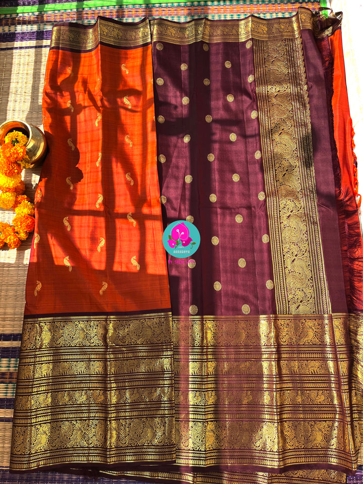 The Golden Flight: Rustic Orange & Chocolate Brown Kanchipattu Saree