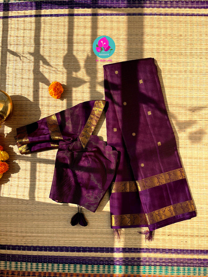 Vaira oosi pure Kanchipattu gap border with peacock motifs in purple paired with blouse