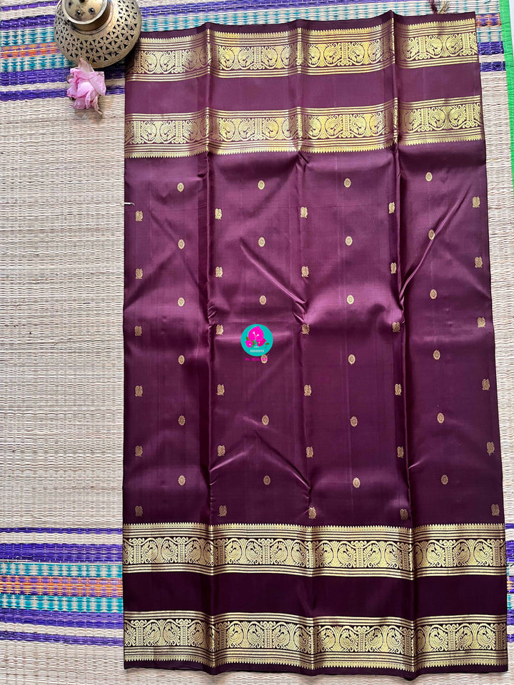 Kanchipuram 2g zari brown vintage saree with gap border