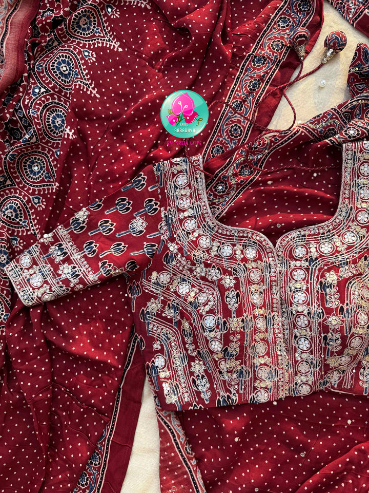 Crimson Geometry & Desert Shimmer: Pure Modal Silk Ajrakh Saree with Hand-Worked Artistry