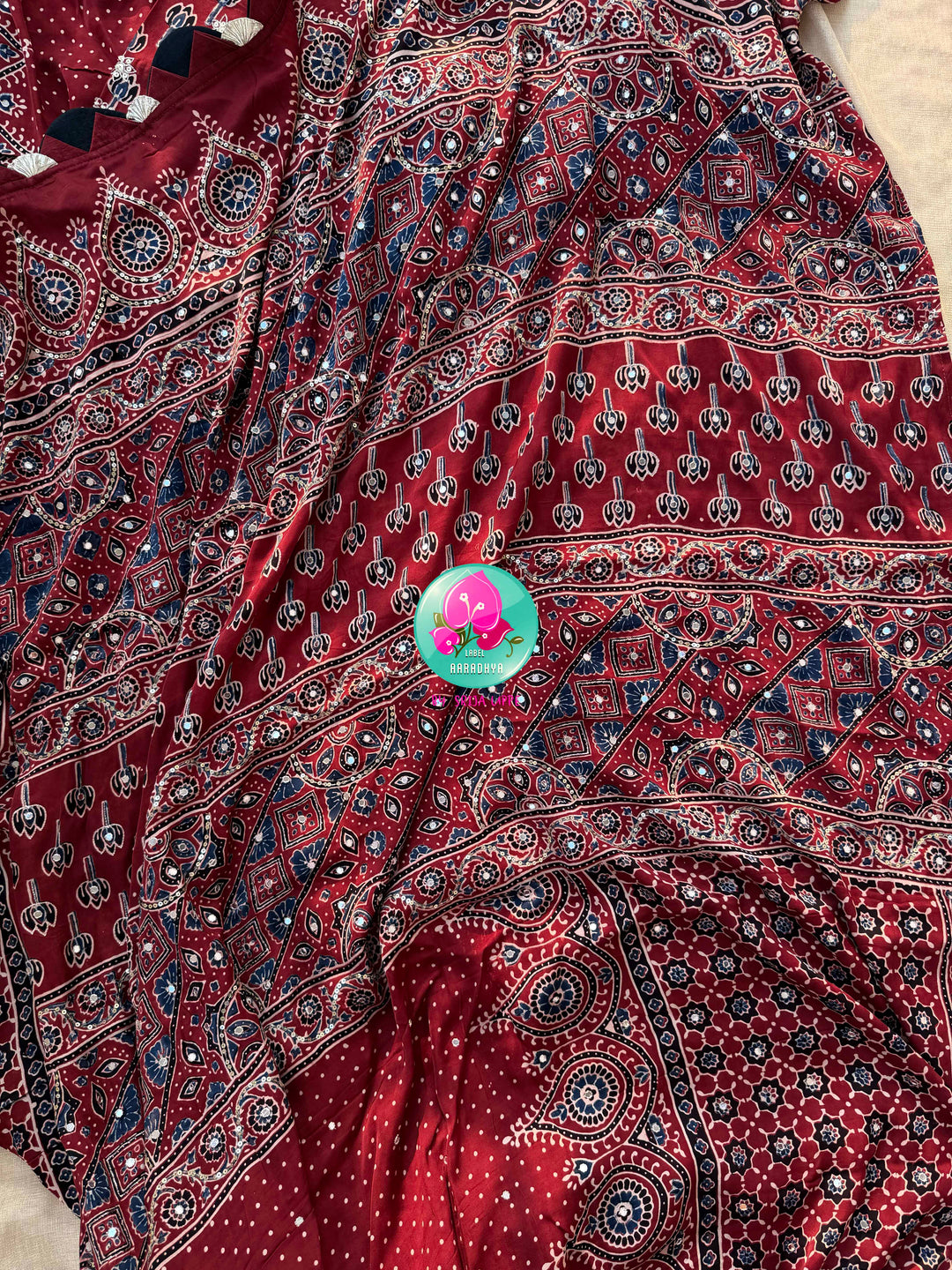 Crimson Geometry & Desert Shimmer: Pure Modal Silk Ajrakh Saree with Hand-Worked Artistry