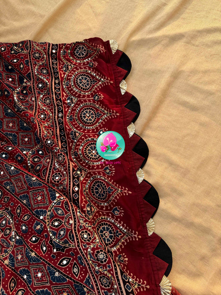 Crimson Geometry & Desert Shimmer: Pure Modal Silk Ajrakh Saree with Hand-Worked Artistry