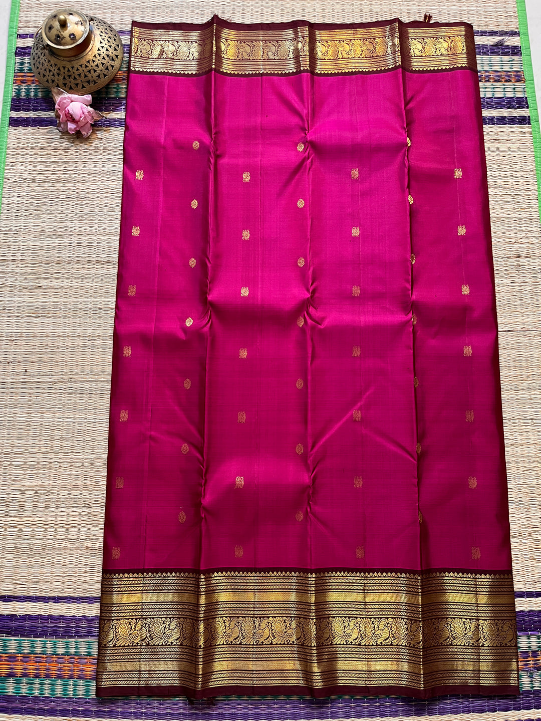 Pink and brown combination saree in 2g Zari traditional border