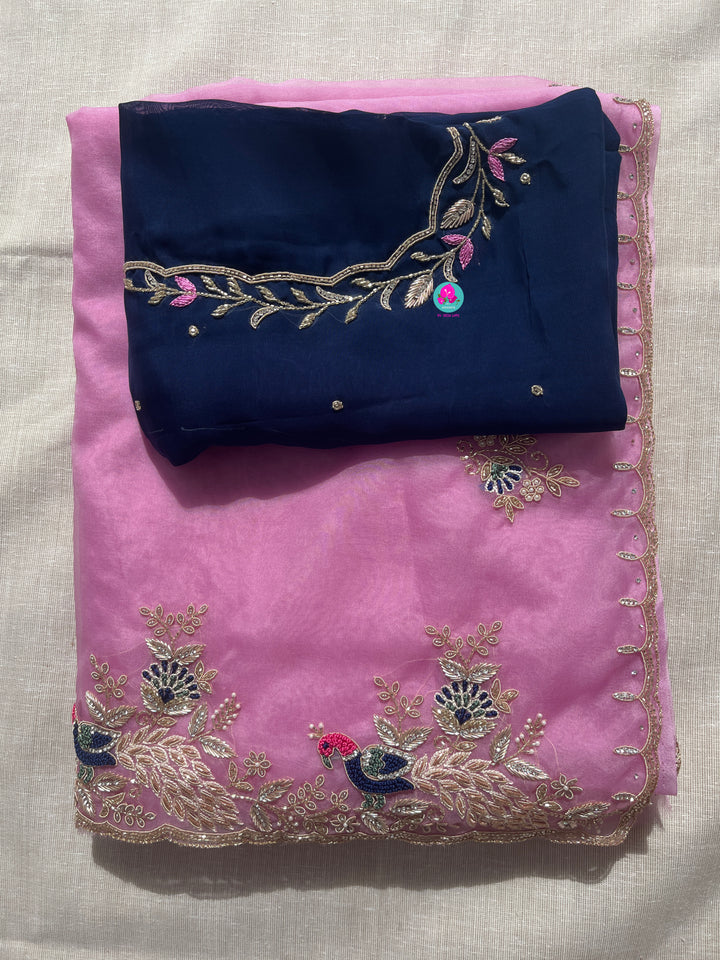 Lavender Organza saree with Navy blue blouse