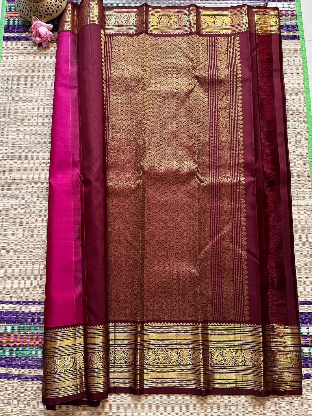Pink and brown combination saree in 2g Zari traditional border