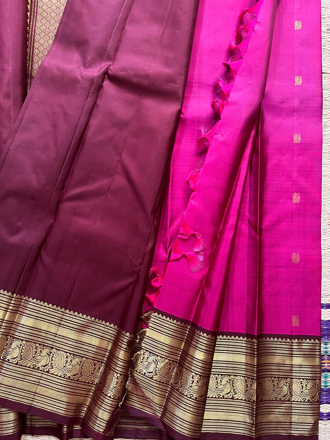 Pink and brown combination saree in 2g Zari traditional border