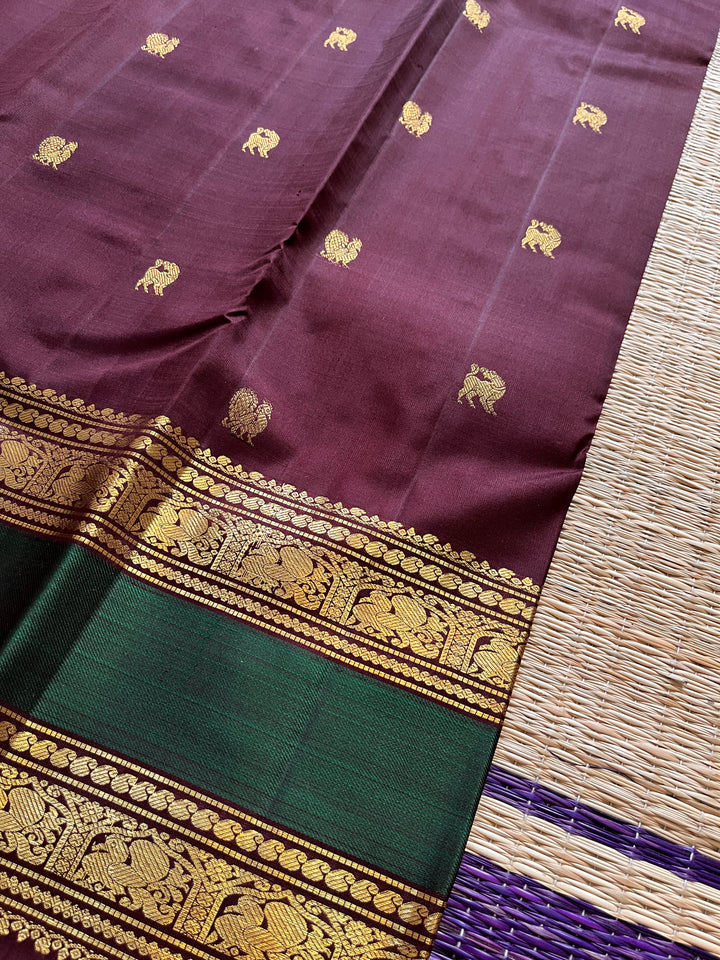 2g Zari Kanchipattu saree in Brown and bottle green