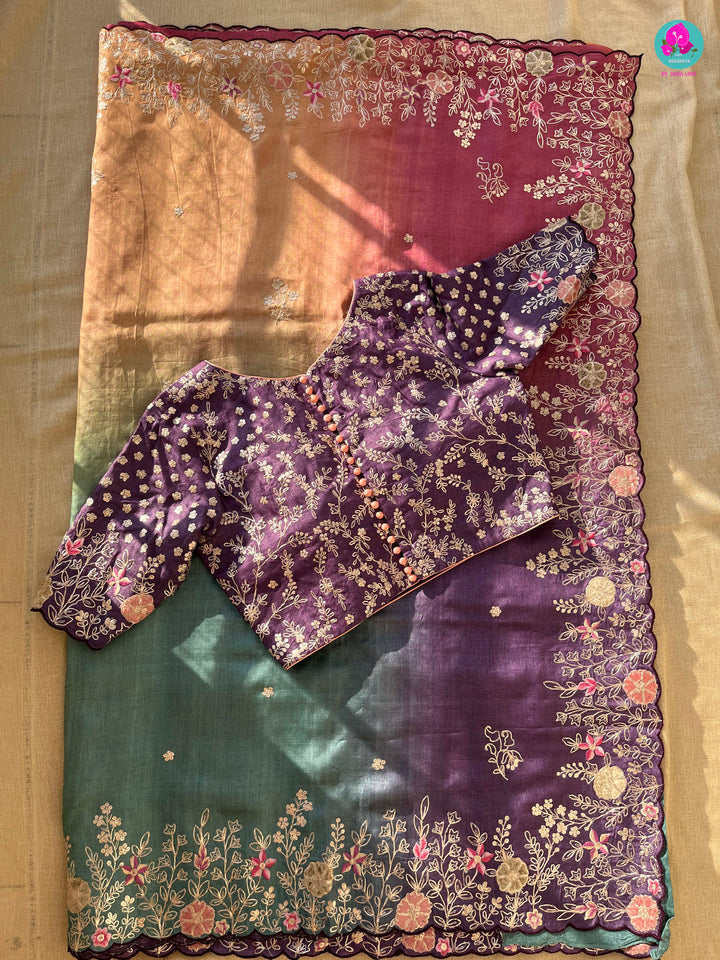 Multi shaded Pure Tussar Silk Saree with hand made pita embroidery paired with blouse