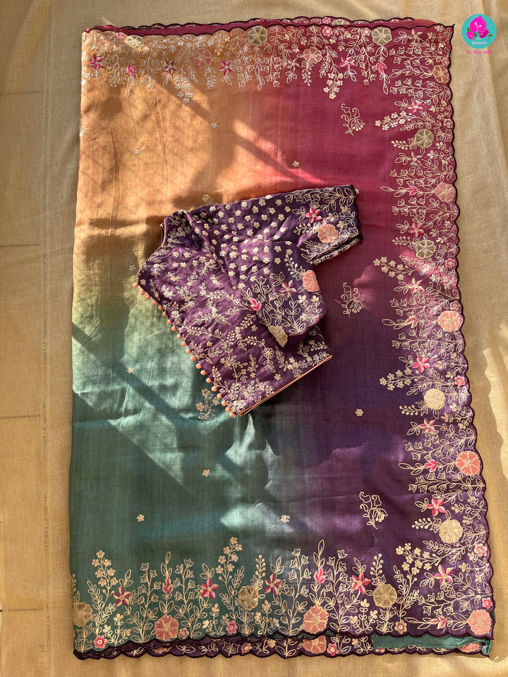 Multi shaded Pure Tussar Silk Saree with hand made pita embroidery paired with blouse